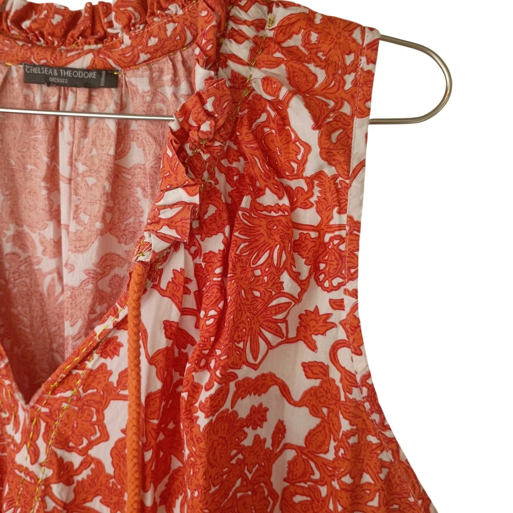 Chelsea & Theodore Orange Floral Tiered Mini Dress Sleeveless Tassel Tie XL - Picture 7 of 14